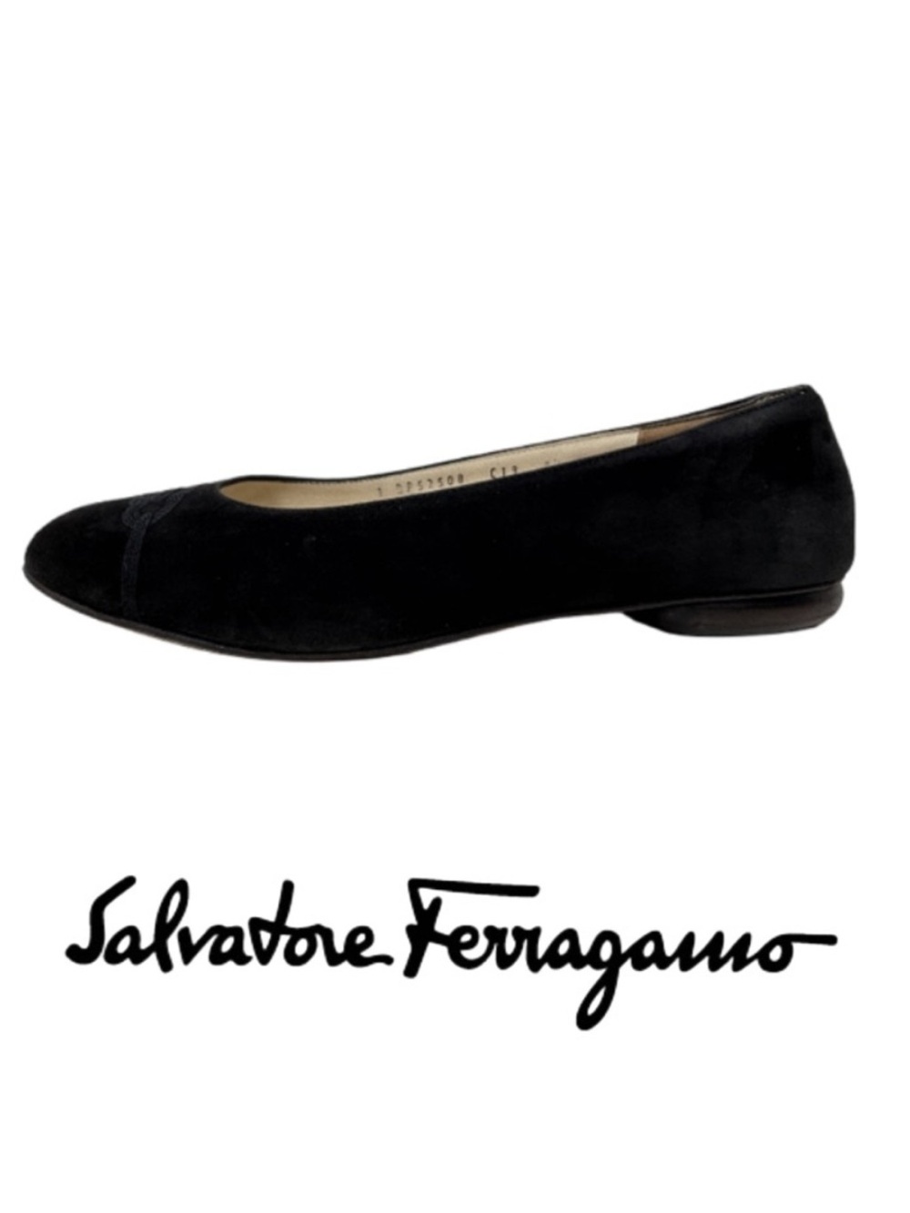 FERRAGAMO | Black Suede Round Toe Flats Embroidered Gancini Logo Office Evening